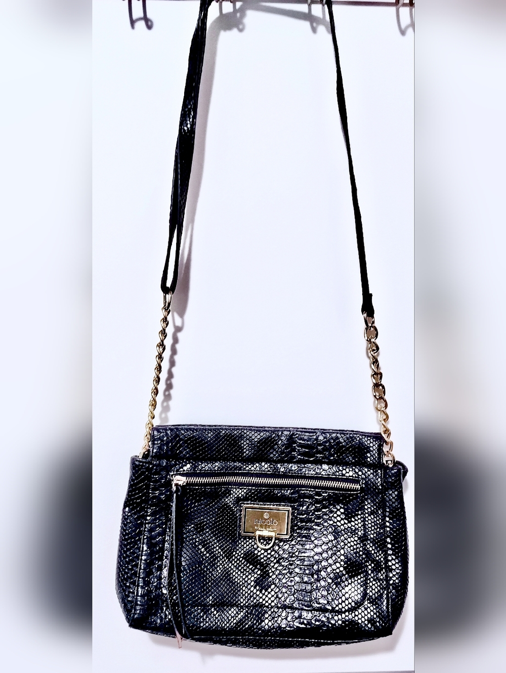 Nicole Miller Black Faux Snakeskin Crossbody with Gold Chain Strap